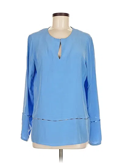 Pre-owned Ecru Long Sleeve Silk Top Blue Keyhole Neckline Tops