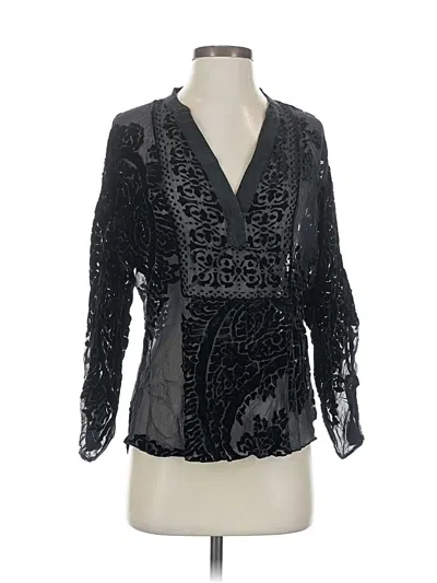 Pre-owned Hale Bob 3/4 Sleeve Silk Top Black Plunge Neckline Tops