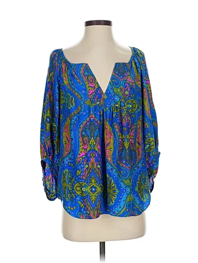 Pre-owned Alice & Trixie 3/4 Sleeve Silk Top Blue Plunge Neckline Tops
