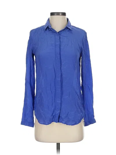 Pre-owned Uniqlo Long Sleeve Silk Top Blue Collared Neckline Tops