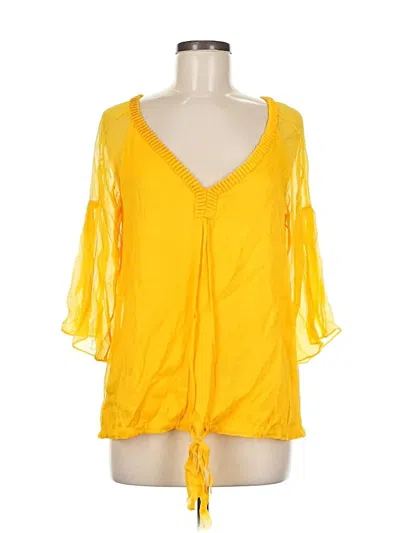 Pre-owned Diane Von Furstenberg 3/4 Sleeve Silk Top Yellow Plunge Neckline Tops