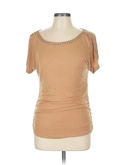 Pre-owned Carmen Marc Valvo Short Sleeve Top Tan Scoop Neck Tops In Brown