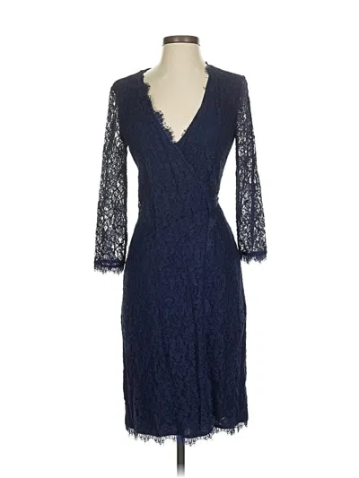 Pre-owned Diane Von Furstenberg 3/4 Sleeve Top Blue Plunge Neckline Tops