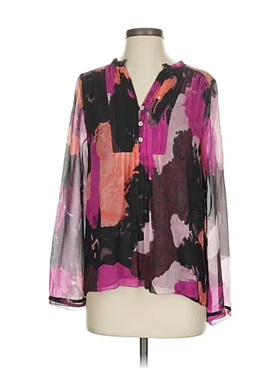Pre-owned Diane Von Furstenberg 3/4 Sleeve Silk Top Purple Color Block Pattern Plunge Neckline Tops