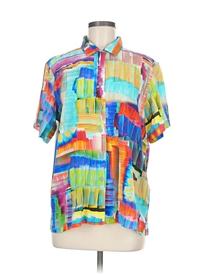Pre-owned Robert Graham Short Sleeve Silk Top Blue Color Block Pattern Collared Neckline Tops
