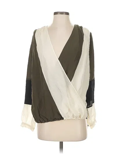 Jo No Fui 3/4 Sleeve Silk Top Green Color Block Pattern Plunge Neckline Tops In Green