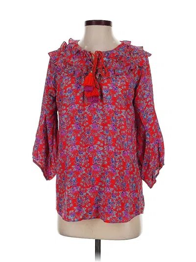 Pre-owned Figue 3/4 Sleeve Silk Top Red Ruffles Neckline Tops