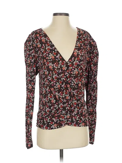 Pre-owned Ramy Brook Long Sleeve Top Black Floral Pattern Plunge Neckline Tops