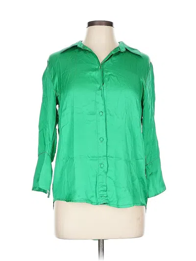 Pre-owned Sofia Collections 3/4 Sleeve Silk Top Green Collared Neckline Tops