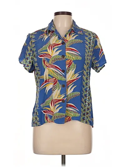 Pre-owned Avanti Short Sleeve Silk Top Blue Tropical Pattern Collared Neckline Tops