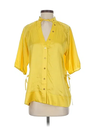 Pre-owned Marciano Short Sleeve Silk Top Yellow Tie Neck Tops