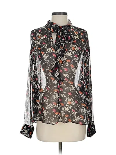 Pre-owned Joie Long Sleeve Silk Top Black Floral Pattern Tie Neck Tops