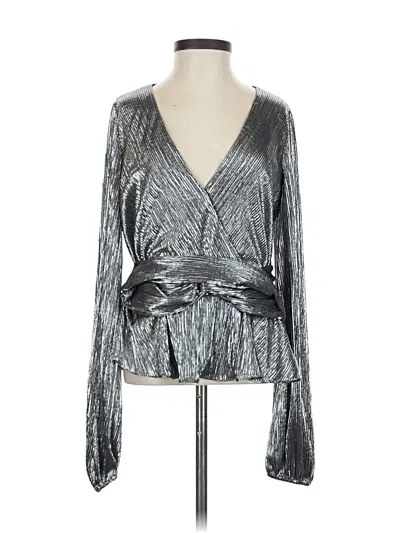 Pre-owned ml Monique Lhuillier Long Sleeve Top Silver Metallic Pattern Plunge Neckline Tops