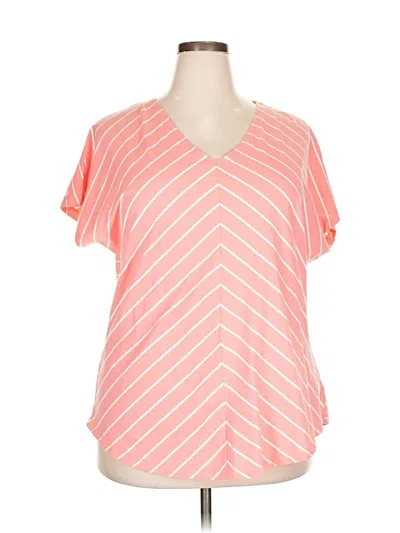 Jones New York Signature Short Sleeve Top Pink Stripes Pattern V Neck Tops In Pink