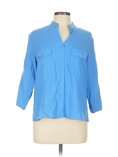 Pre-owned Notations 3/4 Sleeve Silk Top Blue Collared Neckline Tops