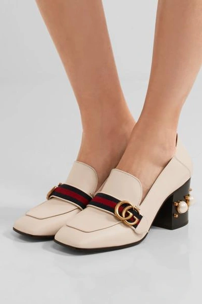 Shop Gucci Logo And Faux Pearl-embellished Leather Collapsible-heel Pumps In White