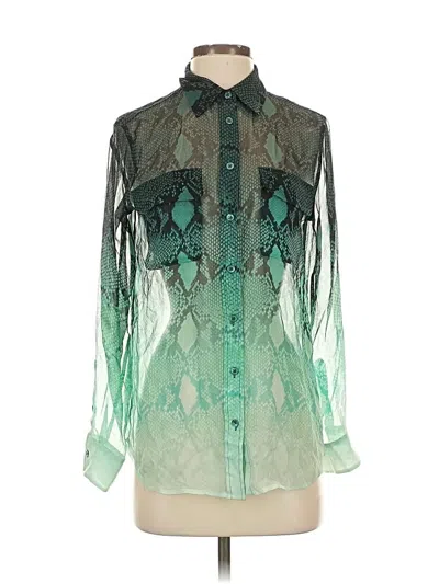 Pre-owned Equipment Long Sleeve Silk Top Green Print Pattern Collared Neckline Tops