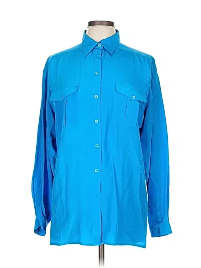 Pre-owned Liz Claiborne Long Sleeve Silk Top Blue Collared Neckline Tops