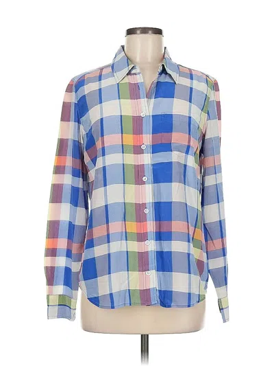 Pre-owned Equipment Long Sleeve Silk Top Blue Color Block Pattern Square Neckline Tops