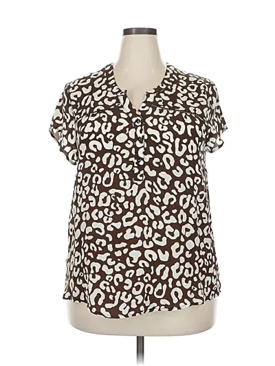 Pre-owned Tolani Short Sleeve Silk Top Brown Animal Print Pattern Keyhole Neckline Tops