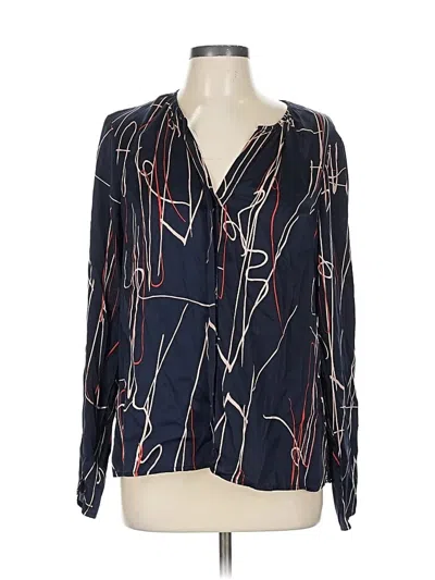 Pre-owned Ecru Long Sleeve Silk Top Blue Plunge Neckline Tops