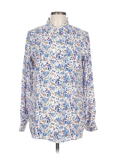 Pre-owned Equipment Long Sleeve Silk Top Blue Floral Pattern Collared Neckline Tops