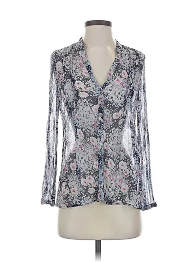 Pre-owned Joie Long Sleeve Silk Top Gray Floral Pattern Plunge Neckline Tops