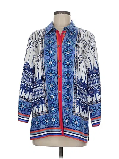 Pre-owned Carlisle Long Sleeve Silk Top Blue Print Pattern Mock Neckline Tops