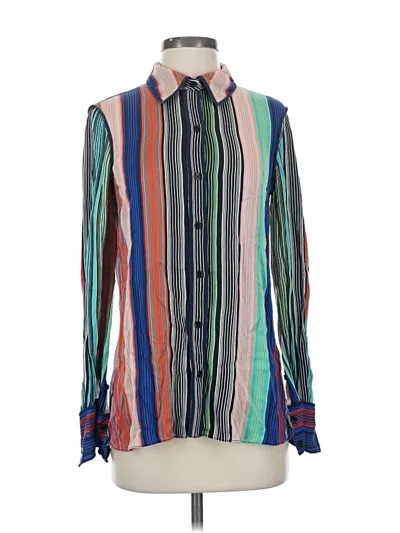 Pre-owned Diane Von Furstenberg Long Sleeve Silk Top Blue Stripes Pattern Tie Neck Tops