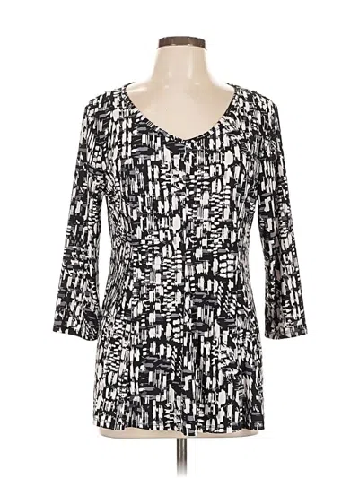 Pre-owned Roz & Ali 3/4 Sleeve Top Black Aztec Or Tribal Print Pattern V-neck Tops