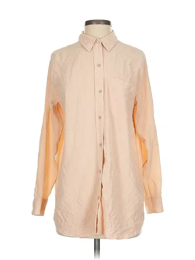 Pre-owned Equipment Long Sleeve Silk Top Orange Color Block Pattern Mock Neckline Tops