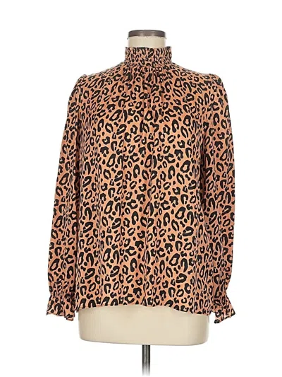 Pre-owned Tucker Long Sleeve Silk Top Brown Animal Print Pattern High Neck Tops