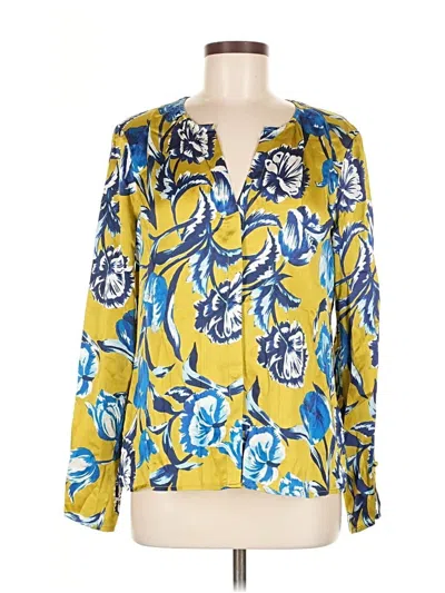 Pre-owned Ecru Long Sleeve Silk Top Yellow Tie Neck Tops