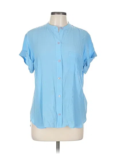 Pre-owned Equipment Short Sleeve Silk Top Blue Keyhole Neckline Tops