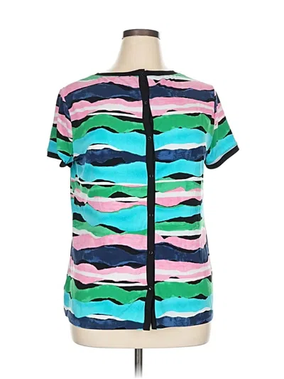 Pre-owned Anne Klein Short Sleeve Top Teal Color Block Pattern Keyhole Neckline Tops In Blue