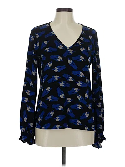 Pre-owned Diane Von Furstenberg Long Sleeve Silk Top Blue Plunge Neckline Tops