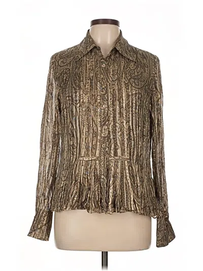 Pre-owned Jones New York Collection Long Sleeve Silk Top Gold Metallic Pattern Collared Neckline Tops