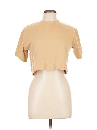 Pre-owned Zara Short Sleeve Top Tan Keyhole Neckline Tops In Brown