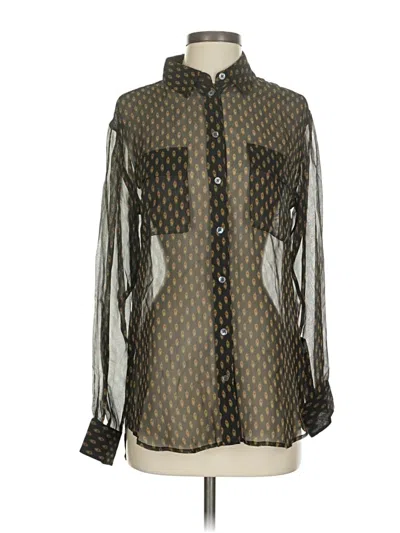 Pre-owned Equipment Long Sleeve Silk Top Green Polka Dots Pattern Mock Neckline Tops