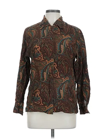Pre-owned Sunny Leigh Long Sleeve Silk Top Brown Paisley Pattern Mock Neckline Tops