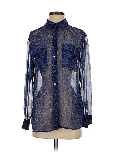 Pre-owned Equipment Long Sleeve Silk Top Blue Paisley Pattern Mock Neckline Tops