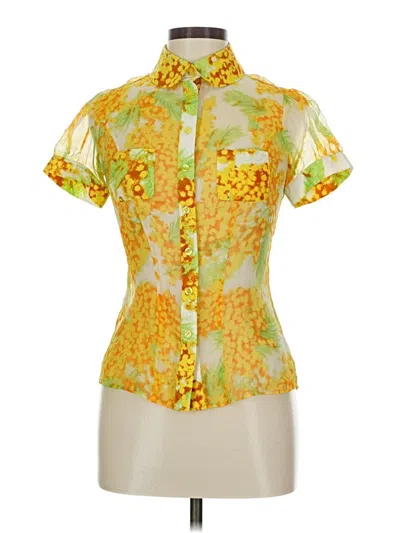 Pre-owned Diane Von Furstenberg Short Sleeve Silk Top Yellow Print Pattern Keyhole Neckline Tops