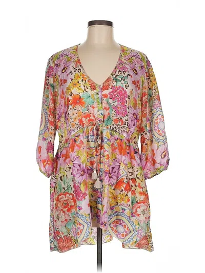 Pre-owned Johnny Was 3/4 Sleeve Silk Top Pink Plunge Neckline Tops