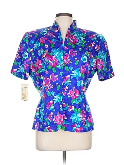 Adrianna Papell Short Sleeve Silk Top Blue Floral Pattern Keyhole Neckline Tops In Multi
