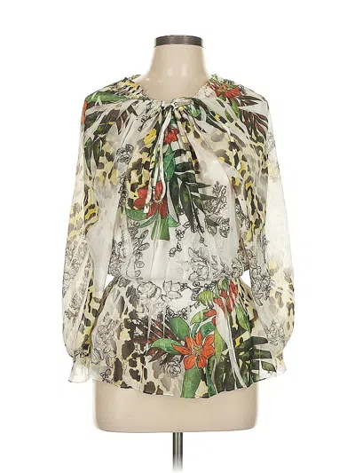 Pre-owned Just Black 3/4 Sleeve Silk Top Ivory Plunge Neckline Tops In White