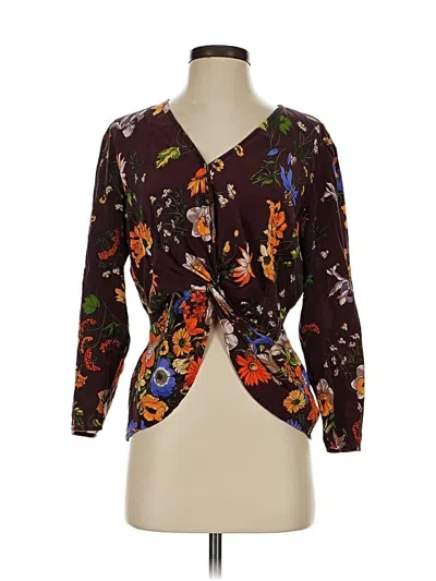 Pre-owned Amour Vert 3/4 Sleeve Silk Top Brown Plunge Neckline Tops