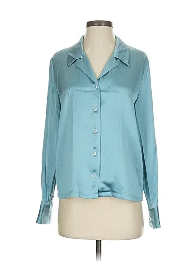 Pre-owned Frances Valentine Long Sleeve Silk Top Teal Cowl Neck Tops In Blue