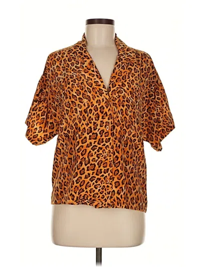 Pre-owned Linda Allard Ellen Tracy Short Sleeve Silk Top Orange Animal Print Pattern Plunge Neckline Tops