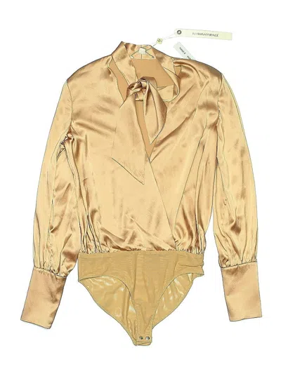 Simkhai Long Sleeve Silk Top Gold Metallic Pattern Tie Neck Tops In Gold