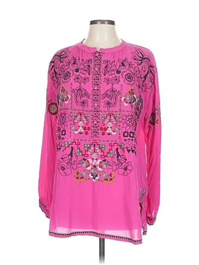 Pre-owned Johnny Was Long Sleeve Silk Top Pink Keyhole Neckline Tops